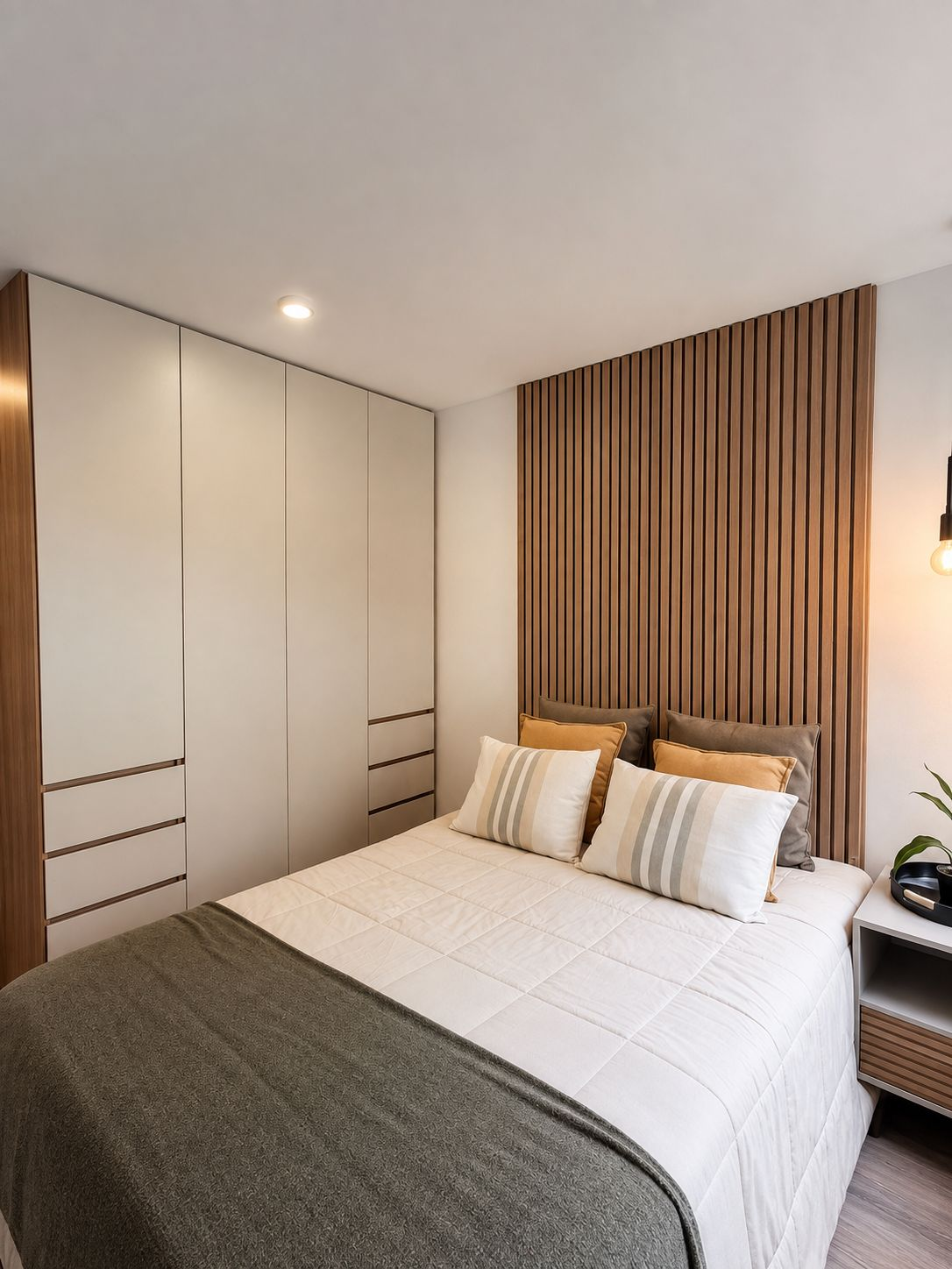 Habitación con closet de frentes blancos y panel de listones de madera detrás de la cama
