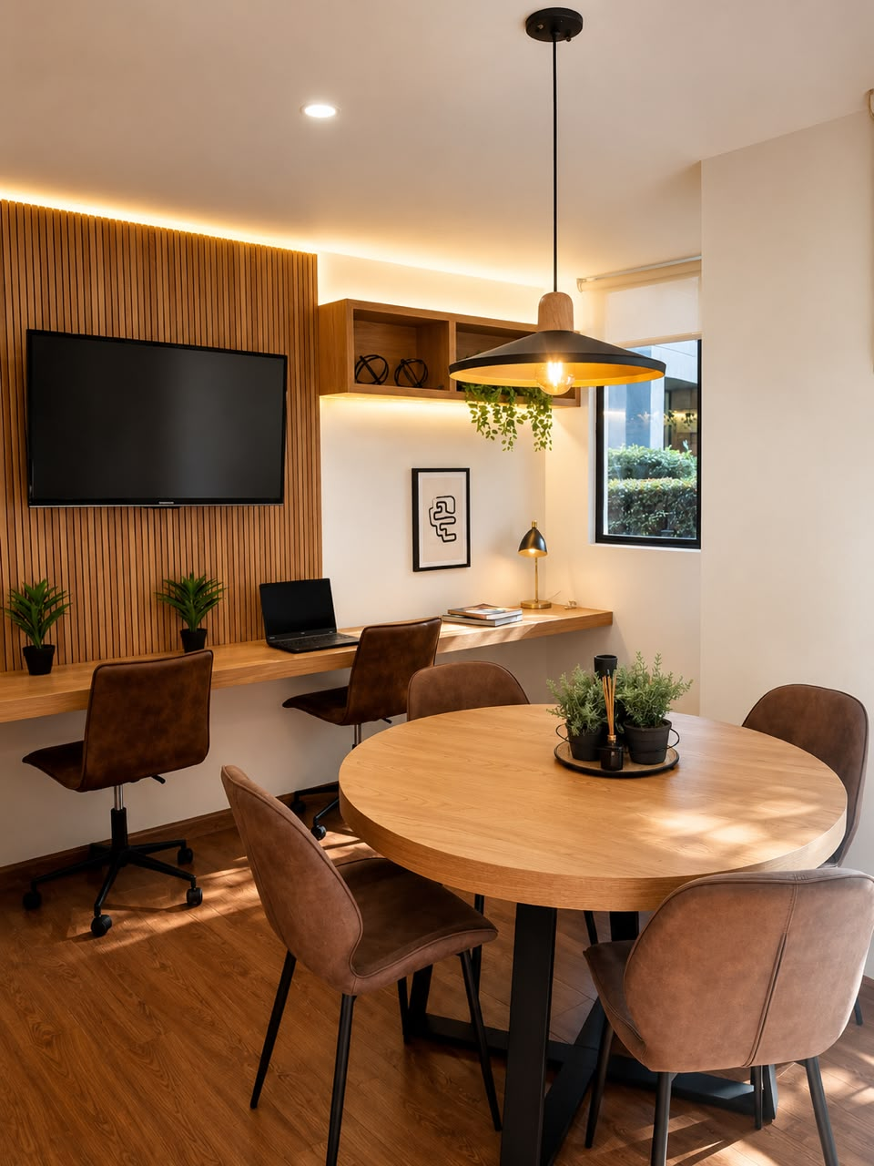 Espacio interior con mesa redonda de madera, puesto de trabajo, pared de listones de madera y lámpara colgante negra